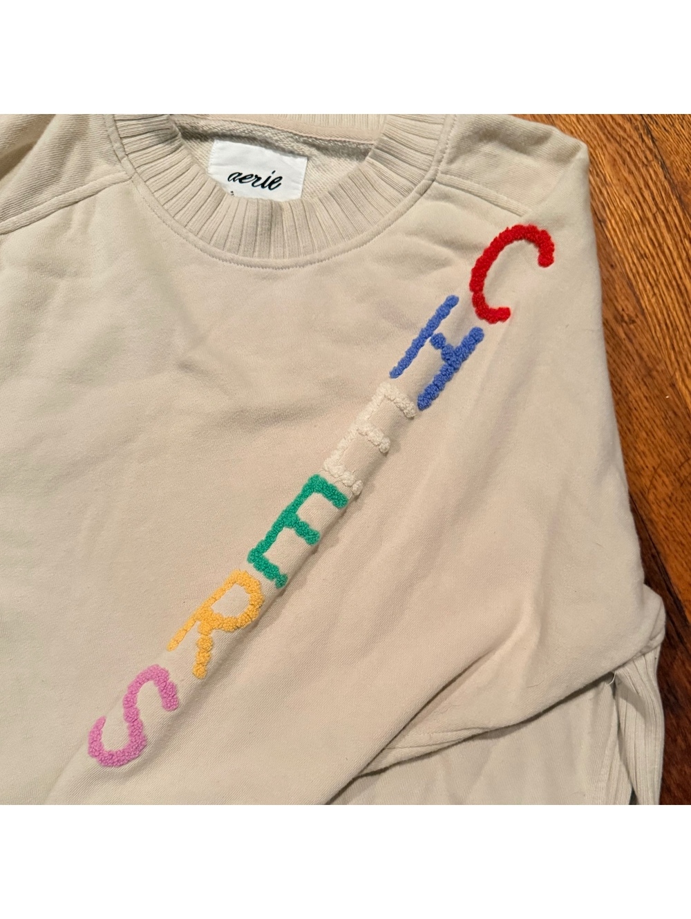 aerie Beige Crewneck Sweatshirt with Colorful Chenille Letters